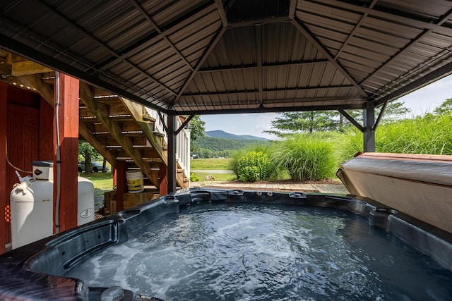 1215 Fort Stover Rd, Luray, VA 22835 - view of pool featuring a gazebo, a hot tub, a mountain view, and stairs