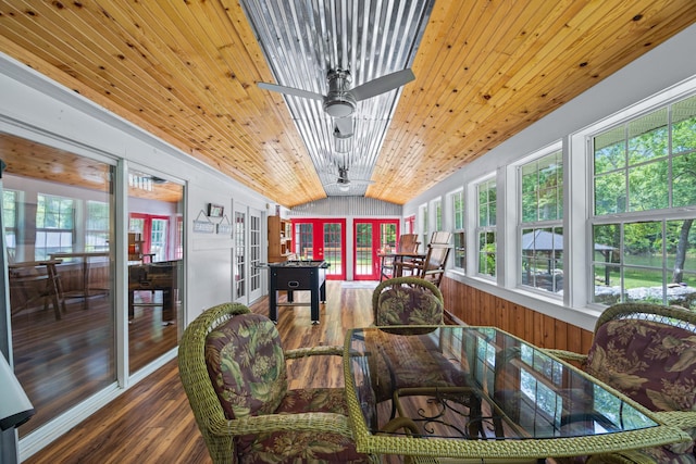 1215 Fort Stover Rd, Luray, VA 22835 - sunroom with wood finished floors, vaulted ceiling, wooden ceiling, and french doors