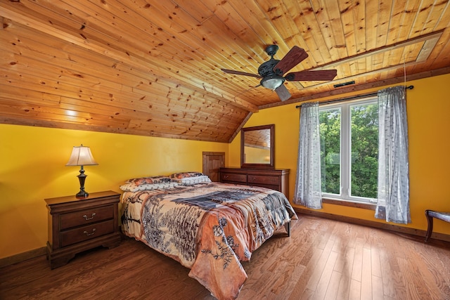 1215 Fort Stover Rd, Luray, VA 22835 - bedroom featuring wooden ceiling, dark wood-style floors, lofted ceiling, and ceiling fan