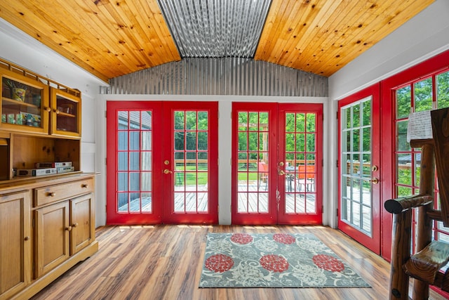 1215 Fort Stover Rd, Luray, VA 22835 - doorway featuring french doors, lofted ceiling, light wood-style floors, and wooden ceiling