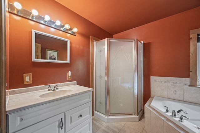 1215 Fort Stover Rd, Luray, VA 22835 - full bathroom with vanity, a bath, a stall shower, and tile patterned floors