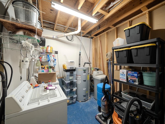 unfinished below grade area featuring water heater, washer and dryer, and a water softener