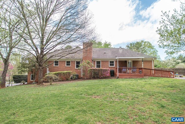 2750 Meriwether Dr, Charlottesville, VA 22901 - rear view of property featuring brick siding, a chimney, and a deck