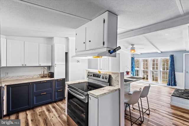 197 Holly Grove Ct, Bumpass, VA 23024 - kitchen with stainless steel electric range oven, under cabinet range hood, light wood-style floors, a textured ceiling, and white cabinets