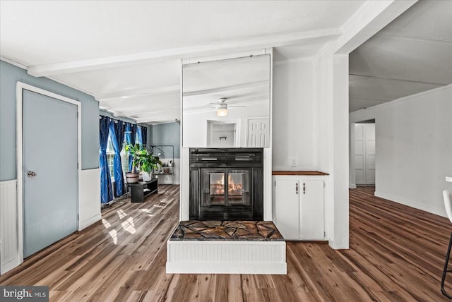 197 Holly Grove Ct, Bumpass, VA 23024 - living area featuring a ceiling fan, wood finished floors, a multi sided fireplace, and beam ceiling