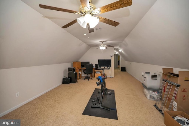 35326 Gosling Ln, Locust Grove, VA 22508 - exercise room with carpet flooring, lofted ceiling, ceiling fan, and baseboards