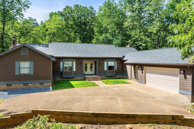 115 Pheasant Rd, Mcgaheysville, VA 22840 - ranch-style house featuring concrete driveway, a chimney, french doors, and a shingled roof