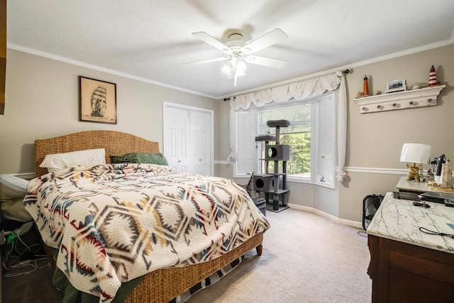 115 Pheasant Rd, Mcgaheysville, VA 22840 - bedroom with light carpet, a closet, baseboards, ornamental molding, and a ceiling fan