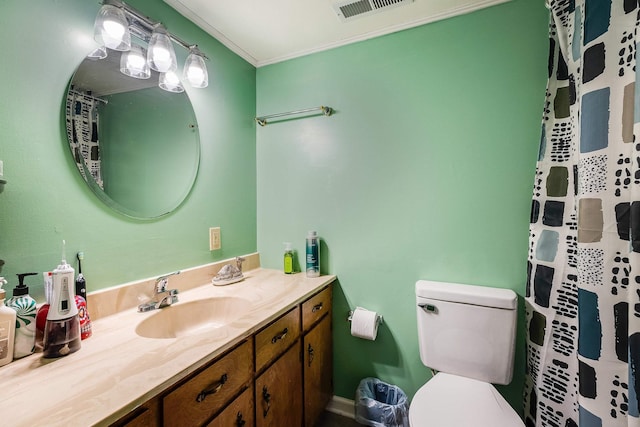 115 Pheasant Rd, Mcgaheysville, VA 22840 - bathroom featuring toilet, vanity, a shower with curtain, and crown molding