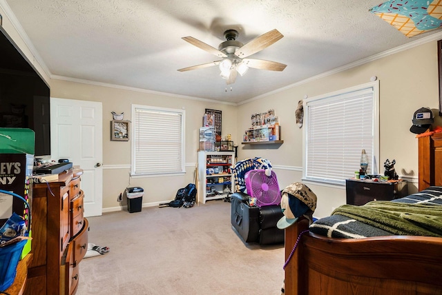 115 Pheasant Rd, Mcgaheysville, VA 22840 - bedroom with ornamental molding, light carpet, ceiling fan, baseboards, and a textured ceiling