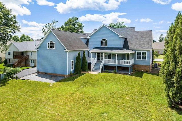 2554 Village Dr, Waynesboro, VA 22980 - back of property featuring stairway, a yard, a shingled roof, and a deck