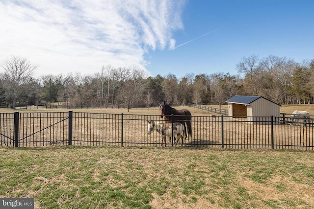 view of yard with an outdoor structure and a rural view