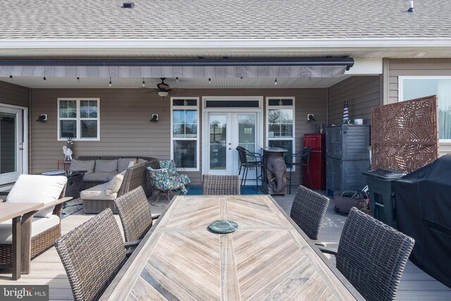 5900 Crescent Point Dr, Orange, VA 22960 - wooden terrace featuring outdoor dining space, outdoor lounge area, ceiling fan, and french doors