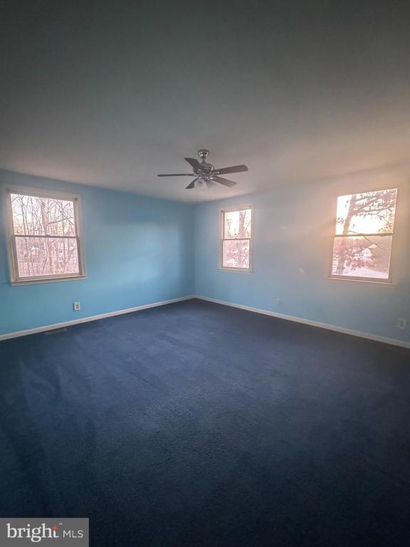 empty room with ceiling fan and dark colored carpet