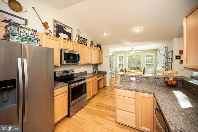 104 Tall Pines Ave, Locust Grove, VA 22508 - kitchen with recessed lighting, ceiling fan, light wood-style flooring, light brown cabinetry, and appliances with stainless steel finishes