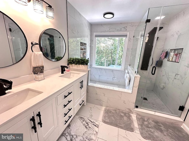 108 Valley View Rd, Fredericksburg, VA 22407 - bathroom with marble look tile flooring, a garden tub, a marble finish shower, and double vanity
