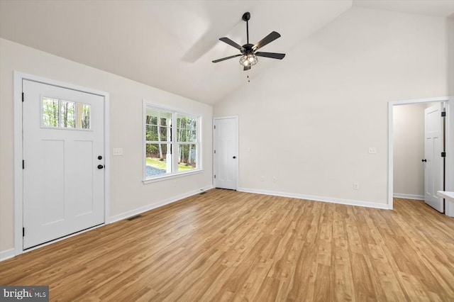 358 Hemlock Ln, Mineral, VA 23117 - foyer entrance featuring high vaulted ceiling, light wood finished floors, a ceiling fan, and baseboards