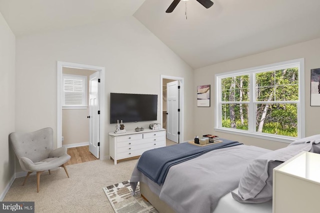 358 Hemlock Ln, Mineral, VA 23117 - bedroom featuring light colored carpet, baseboards, a ceiling fan, and high vaulted ceiling