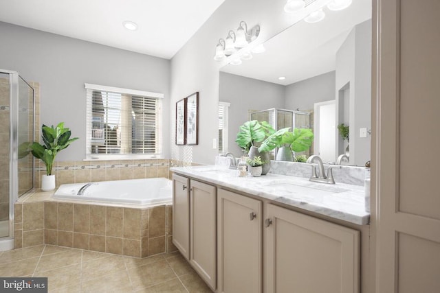 6304 Dranesville Dr W, Fredericksburg, VA 22407 - bathroom featuring a stall shower, a bath, plenty of natural light, and tile patterned flooring