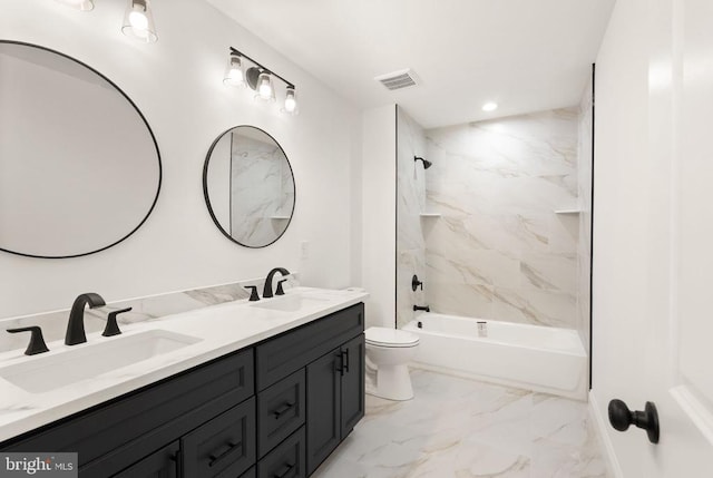  - bathroom with double vanity, marble finish flooring, shower / bath combination, and recessed lighting