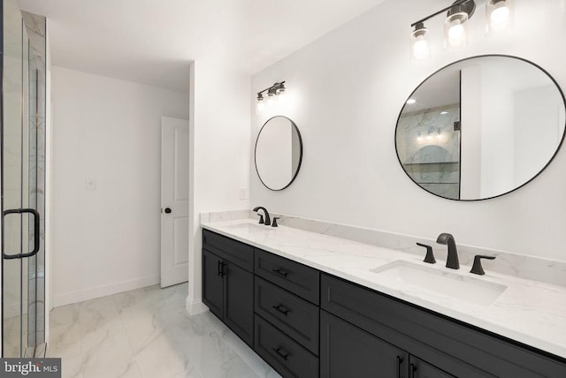  - full bath featuring marble look tile flooring, double vanity, baseboards, and a shower stall