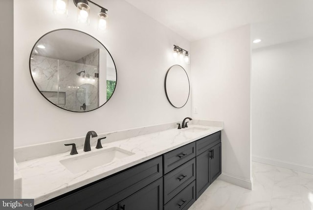  - bathroom featuring marble finish floors, double vanity, a marble finish shower, and baseboards