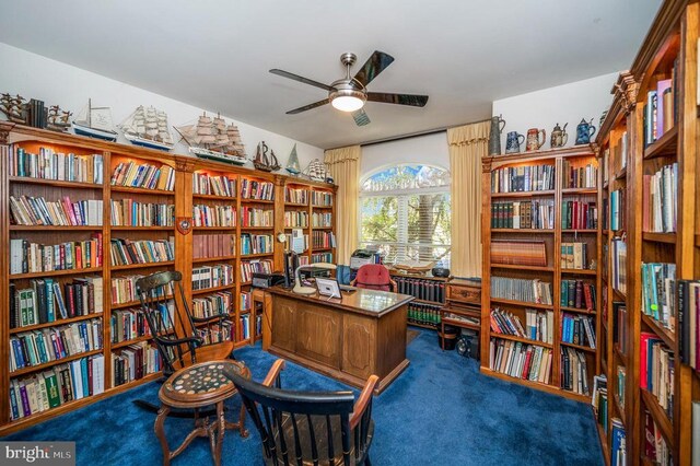 office featuring bookshelves, carpet, and ceiling fan