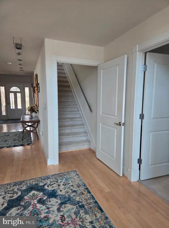 staircase featuring wood-type flooring and baseboards