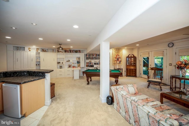 recreation room with light colored carpet, pool table, recessed lighting, and ceiling fan