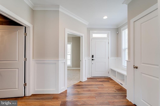 26288 Wisdom Tree Ln, Unionville, VA 22567 - entrance foyer featuring ornamental molding, a wainscoted wall, wood-type flooring, a decorative wall, and recessed lighting