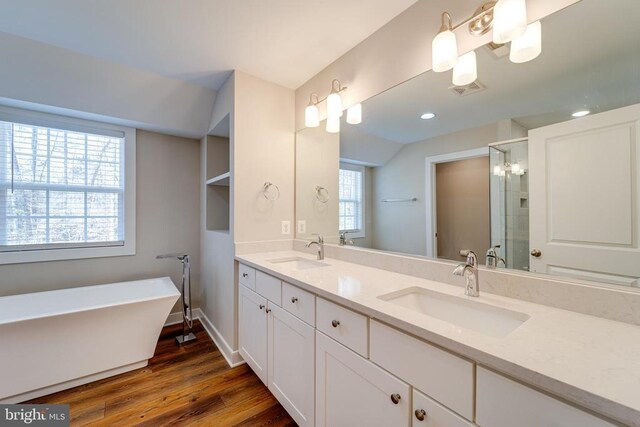 26288 Wisdom Tree Ln, Unionville, VA 22567 - full bath with wood finished floors, a shower stall, double vanity, a chandelier, and baseboards