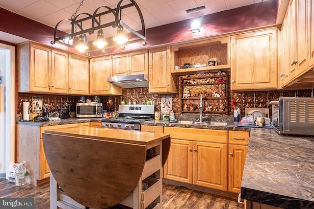 kitchen with stainless steel microwave, open shelves, stove, and under cabinet range hood