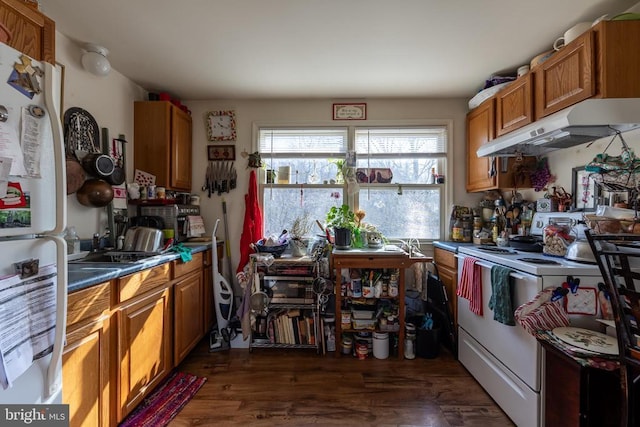 kitchen featuring white appliances, brown cabinetry, dark countertops, dark wood-type flooring, and under cabinet range hood