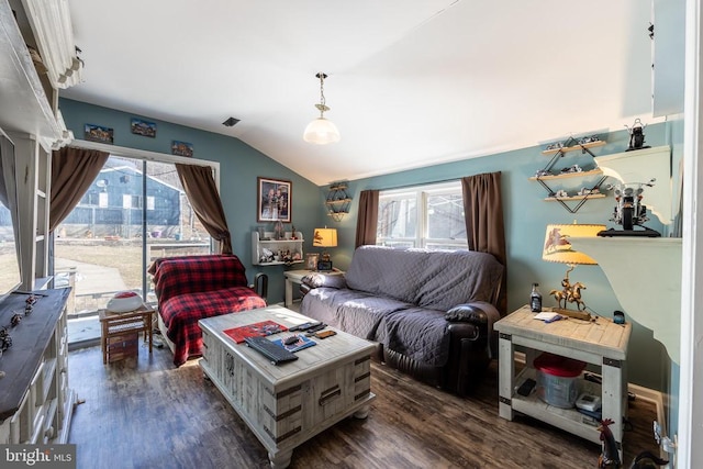 living area with dark wood-style floors, plenty of natural light, and vaulted ceiling