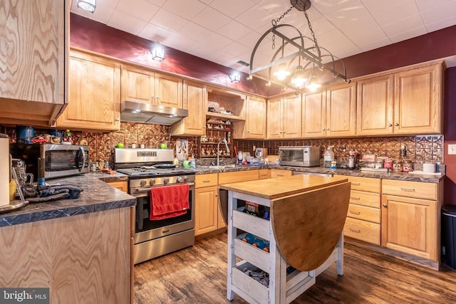 kitchen with dark wood-style floors, stainless steel appliances, dark countertops, a sink, and under cabinet range hood