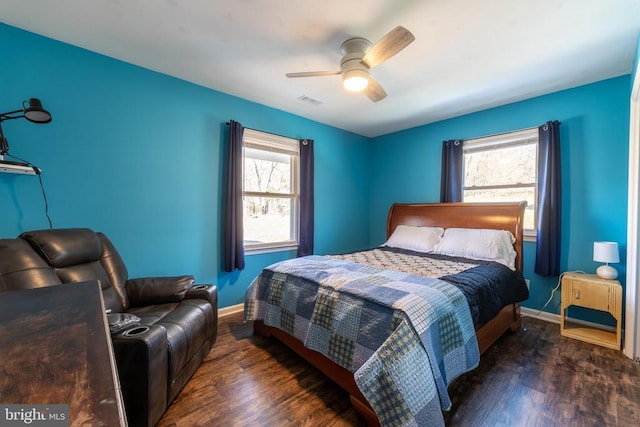 bedroom featuring multiple windows, dark wood finished floors, and baseboards