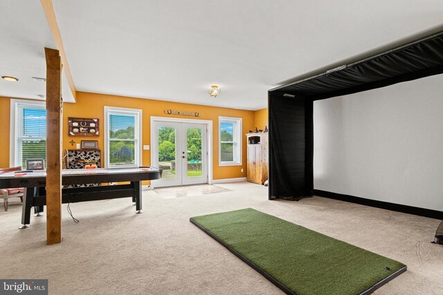 rec room with carpet flooring, plenty of natural light, and french doors