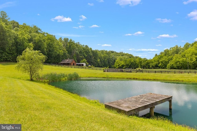 dock with a view of countryside, a water view, and a view of trees