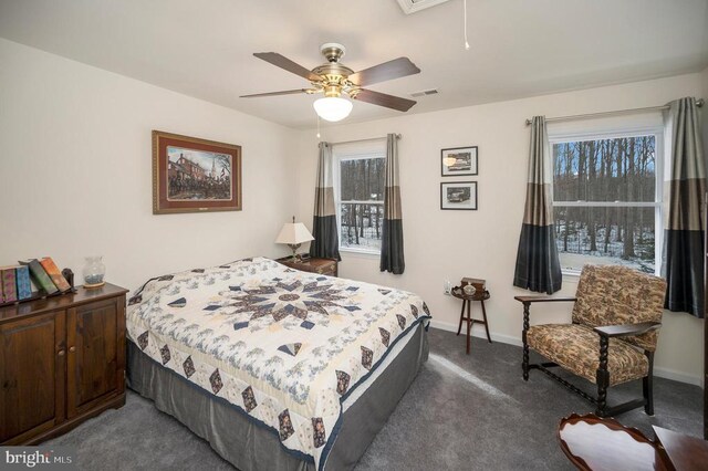 6117 Block House Rd, Partlow, VA 22534 - bedroom with dark colored carpet, baseboards, attic access, and ceiling fan