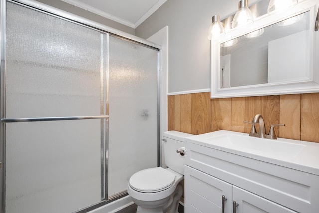 129 Hillwood Dr, Front Royal, VA 22630 - bathroom featuring ornamental molding, vanity, a shower stall, wooden walls, and a wainscoted wall