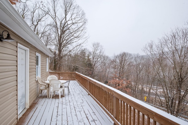 129 Hillwood Dr, Front Royal, VA 22630 - snow covered deck featuring outdoor dining area and view of wooded area