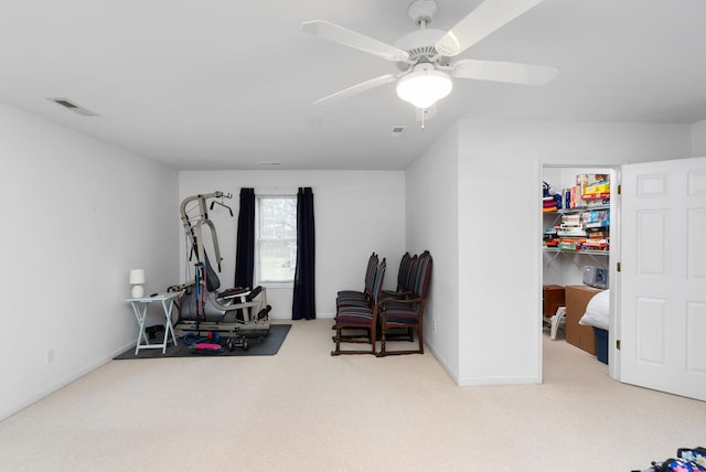 91 Twin Hills Ln, Fishersville, VA 22980 - exercise area featuring carpet flooring, visible vents, baseboards, and a ceiling fan