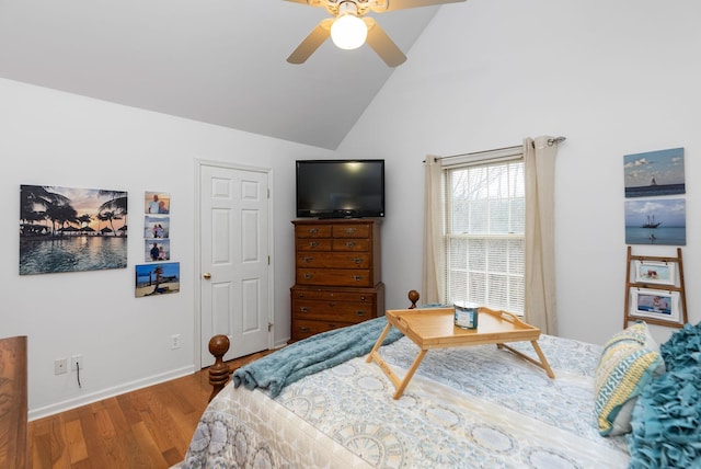 91 Twin Hills Ln, Fishersville, VA 22980 - bedroom with baseboards, wood finished floors, a ceiling fan, and high vaulted ceiling