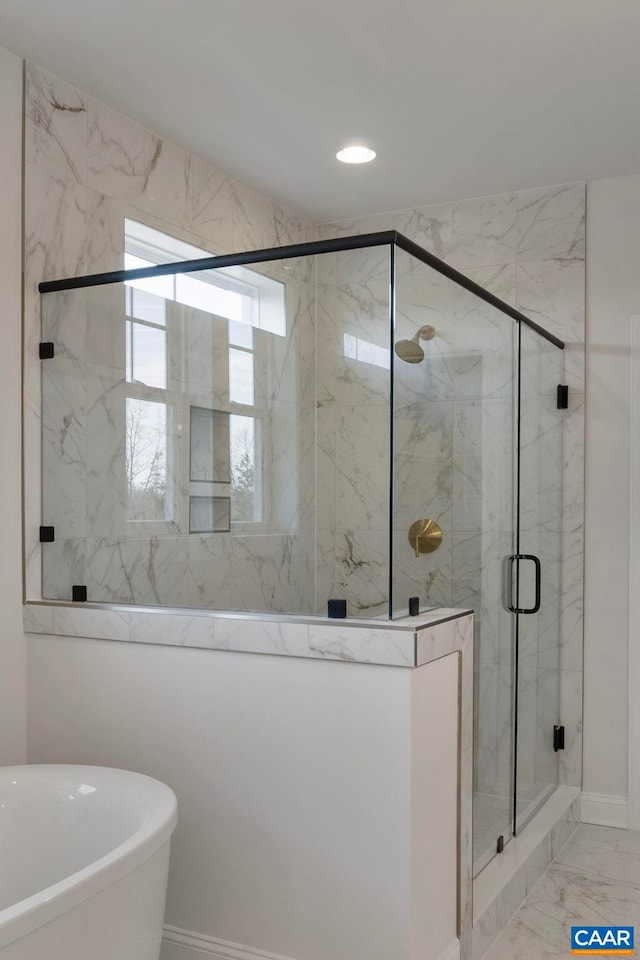 1115 Sablewood Dr, Charlottesville, VA 22911 - bathroom with recessed lighting, baseboards, marble finish floor, a freestanding tub, and a marble finish shower