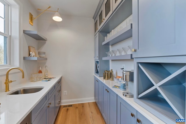 1115 Sablewood Dr, Charlottesville, VA 22911 - kitchen with a sink, open shelves, visible vents, light countertops, and light wood-style floors
