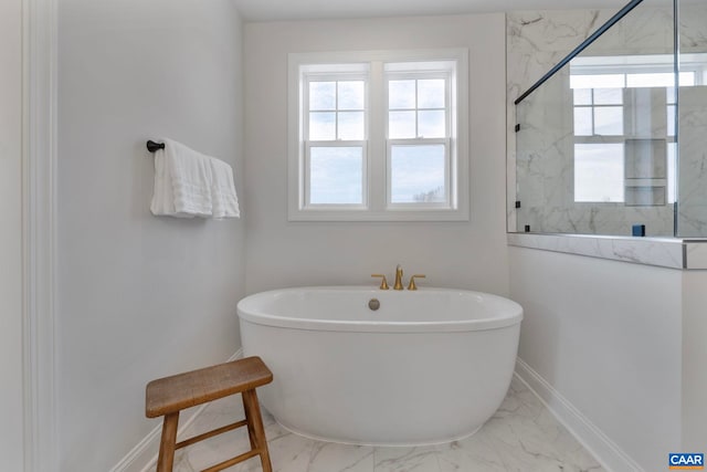 1115 Sablewood Dr, Charlottesville, VA 22911 - bathroom featuring a soaking tub, plenty of natural light, a marble finish shower, and baseboards