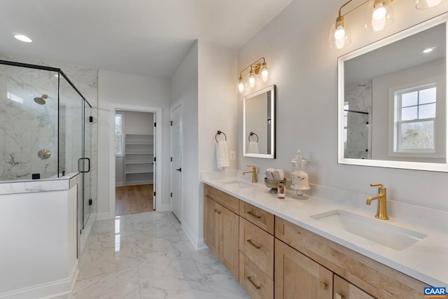 1115 Sablewood Dr, Charlottesville, VA 22911 - full bathroom with a sink, a spacious closet, a marble finish shower, and marble finish floor
