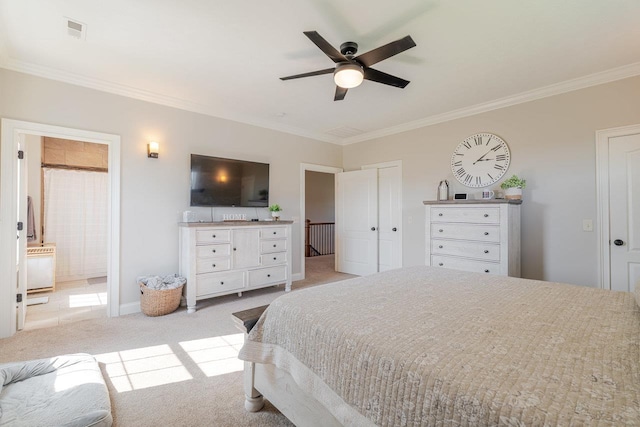 731 Hidden Brook Rd, Mcgaheysville, VA 22840 - carpeted bedroom featuring crown molding, ensuite bath, and ceiling fan