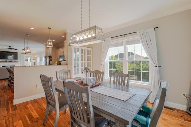 731 Hidden Brook Rd, Mcgaheysville, VA 22840 - dining room featuring ornamental molding, light wood-type flooring, recessed lighting, and ceiling fan