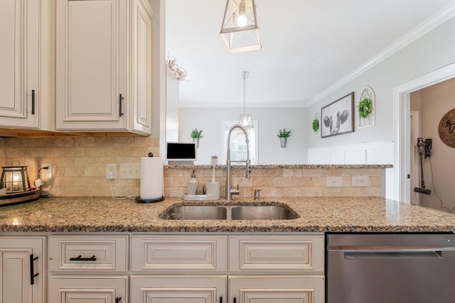 731 Hidden Brook Rd, Mcgaheysville, VA 22840 - kitchen with dishwasher, tasteful backsplash, crown molding, light stone countertops, and cream cabinetry